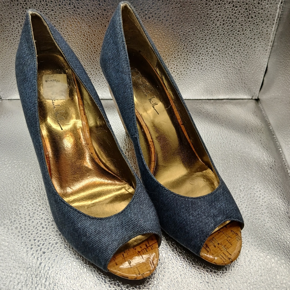 Nicole Miller Blue Denim Peep Toe Wedges Women's Size 10 - Picture 2 of 8